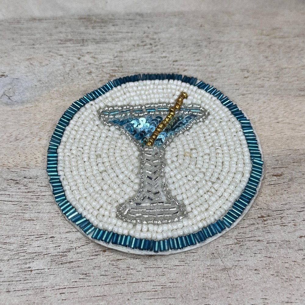 Handmade Beaded Martini Coaster Set Teal White Glass Bead Barware Decor - Picture 2 of 9